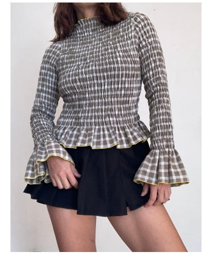 Plaid smocked flare sleeve top