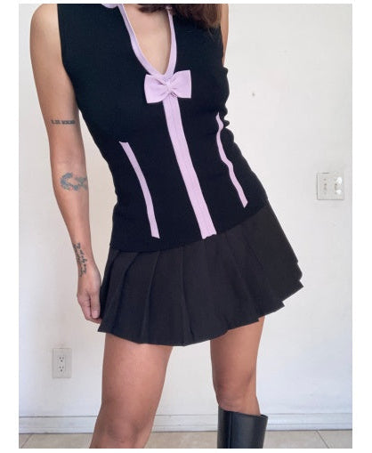 Y2K bow knit black top