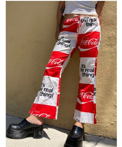 Vintage 70's COCA COLA all over print flare leg drawstring pants