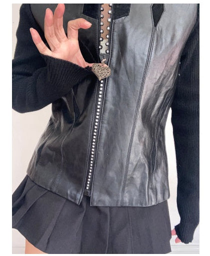 Y2K genuine leather cardigan heart pendant zip up jacket