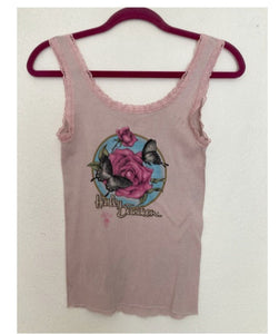 3D emblem Vintage 1987  HARLEY DAVIDSON lace trim ribbed tank top pink