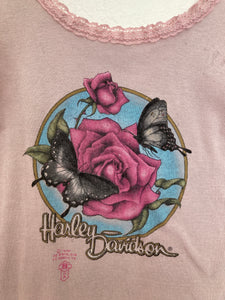 3D emblem Vintage 1987  HARLEY DAVIDSON lace trim ribbed tank top pink