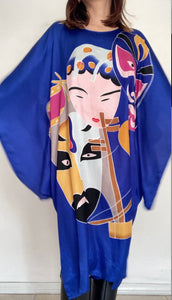 Vintage Japanese print kabuki maxi moo moo dress