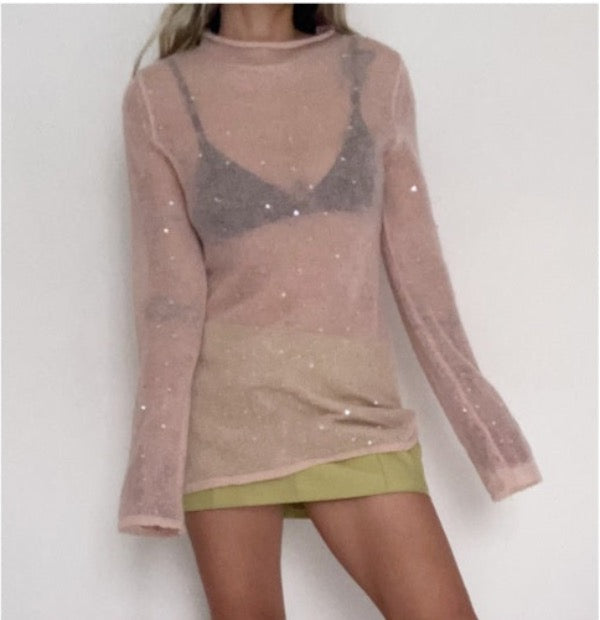 Vintage sheer sequined pullover knit blouse
